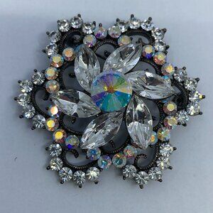 Vtg OZ aurora borealis rhinestone crystal 2" brooch
